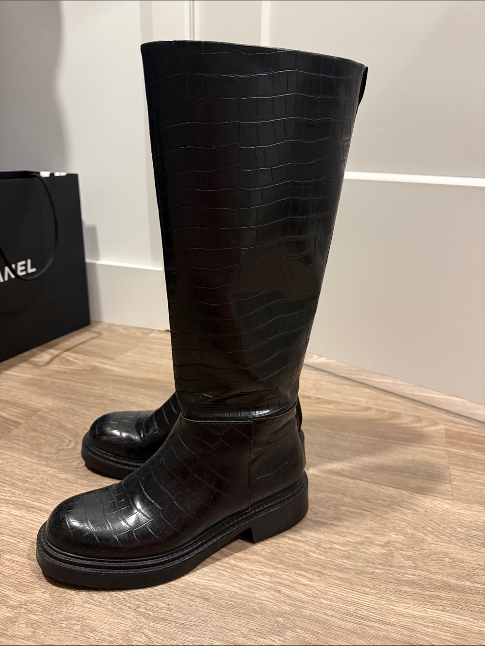 Zara Black Croc-Embossed Knee Boots